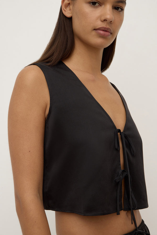 Beal Silk Tie Front Top Black-7