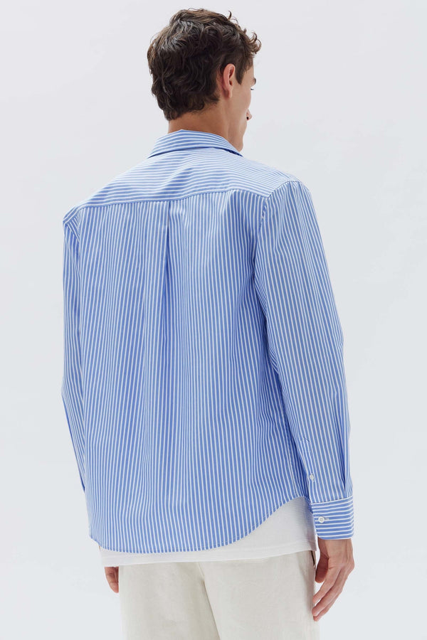 Mens blue shirt with white stripes deals