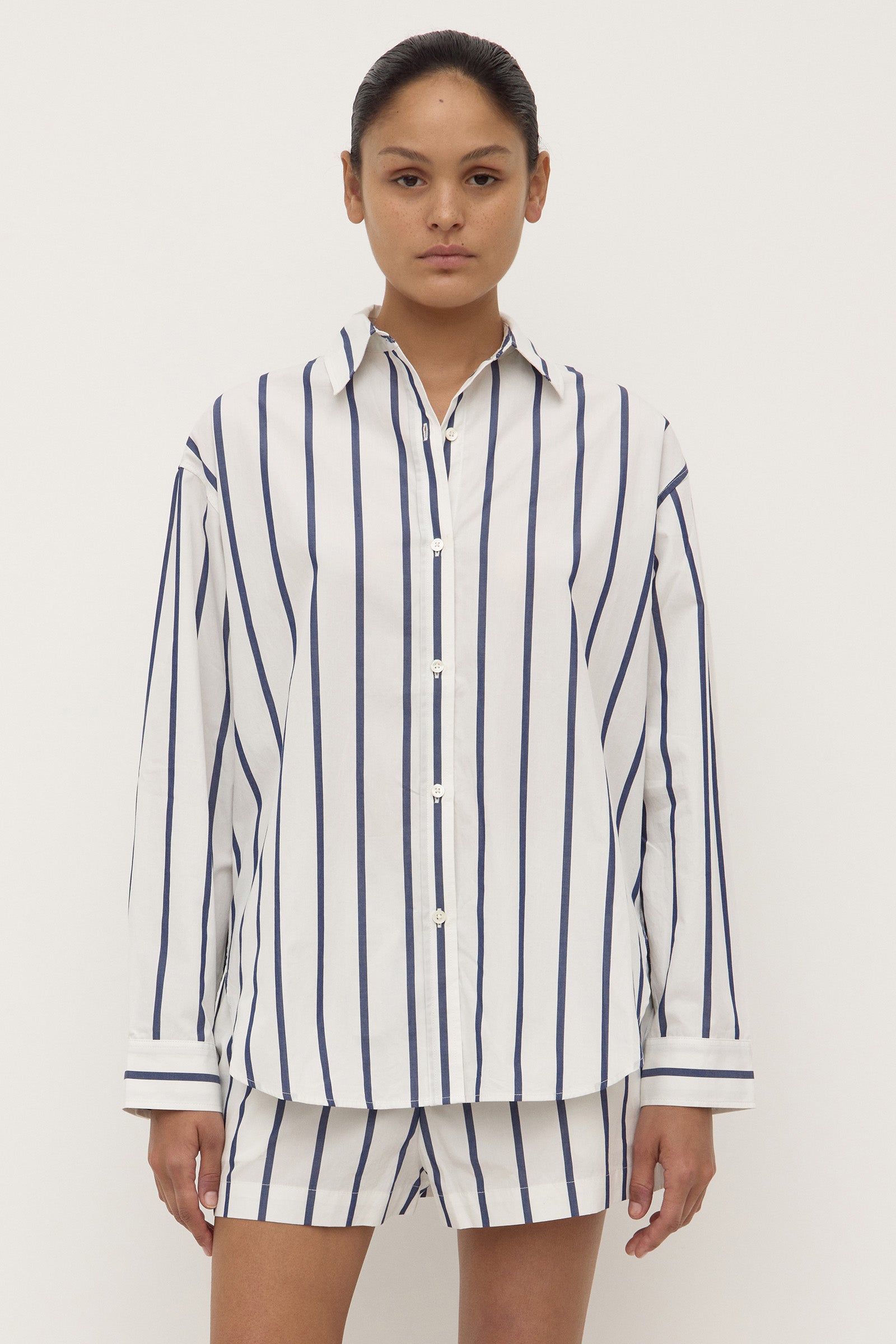 Womens Nara Stripe Long Sleeve Shirt White/True Navy | Assembly