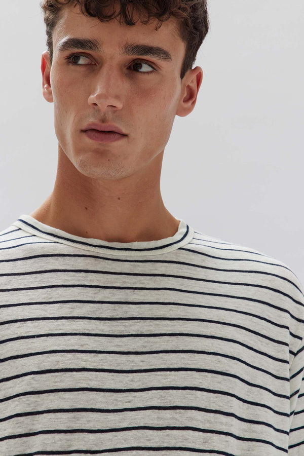 Mens Breeze Linen Tee White Navy Stripe Assembly Label NZ