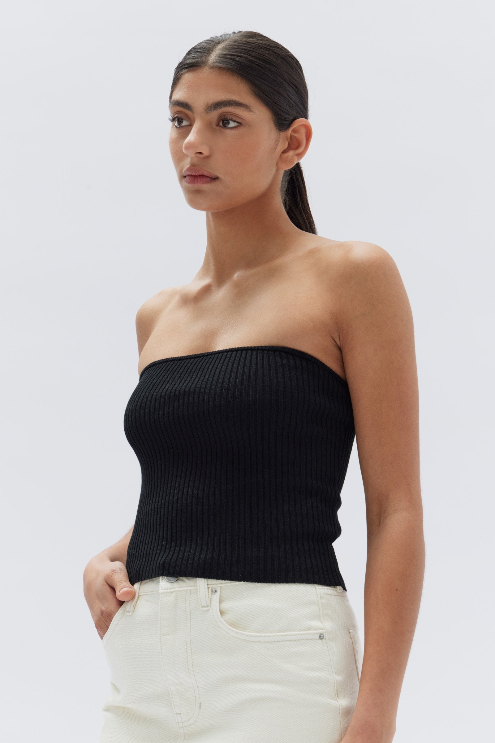 Womens Skara Strapless Rib Top Black Assembly Label NZ